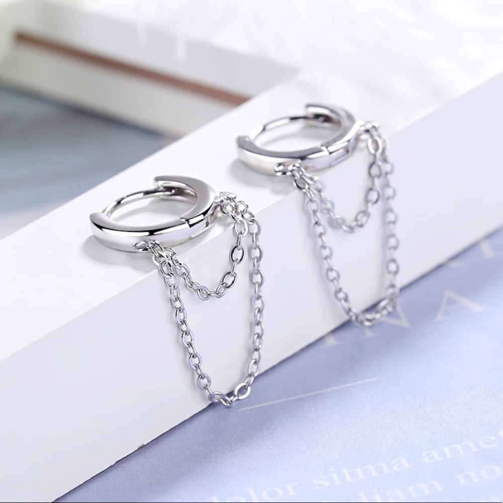 NEW 925 STERLING SILVER HOOP CHAIN EARRINGS, NICE EARRINGS, CUTE EARRINGS - Picture 2 of 5